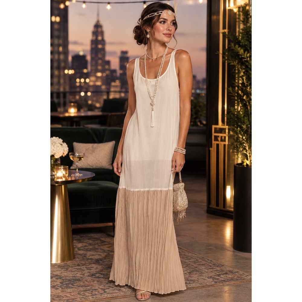 80s Vintage Two Tone Pleated Maxi Dress Cream Tan Sleeveless Size 18W 1920 style